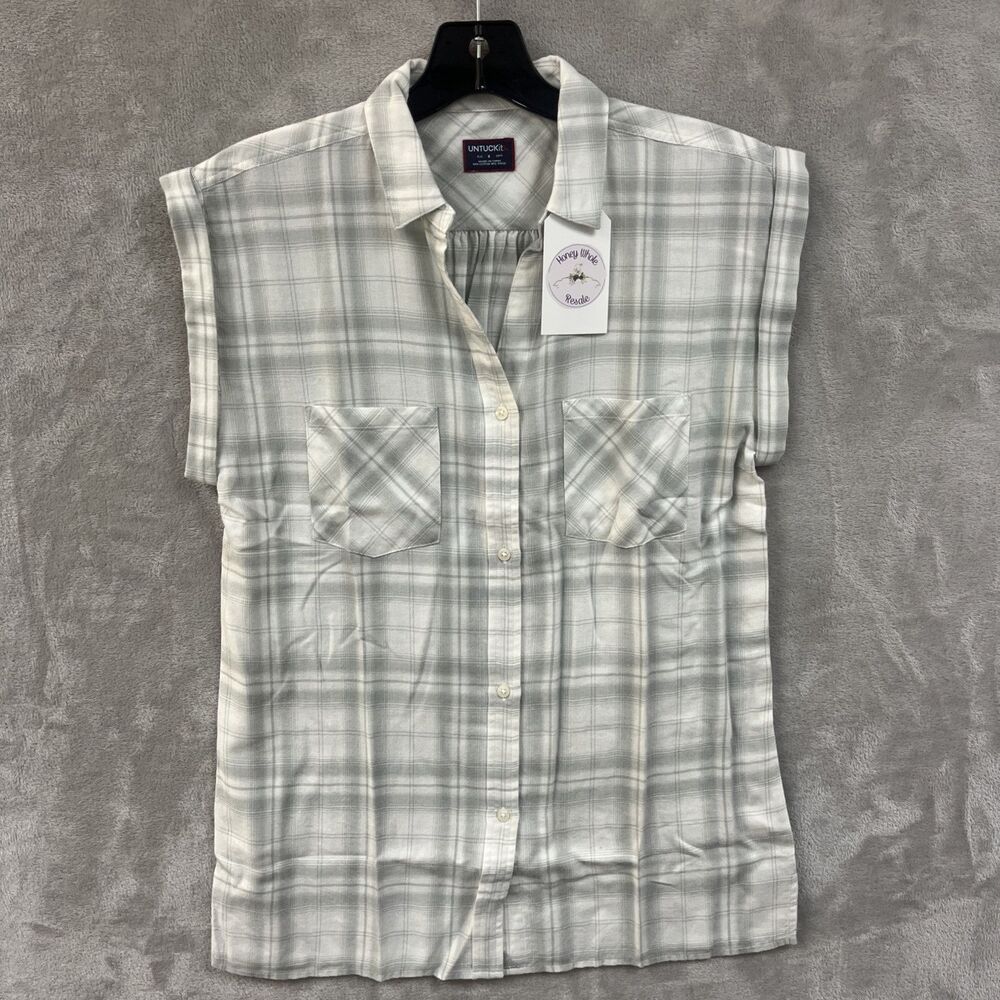 Untuckit Shirt Women’s 4 S Button Up White & Gray Plaid Tencel Muscle Top New